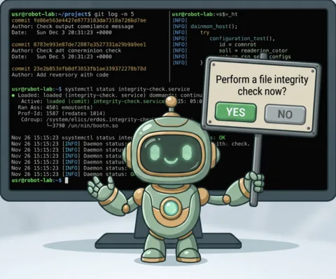 AgentBox's robot mascot holding up a card that asks: perform a file integrity check now? Yes / No