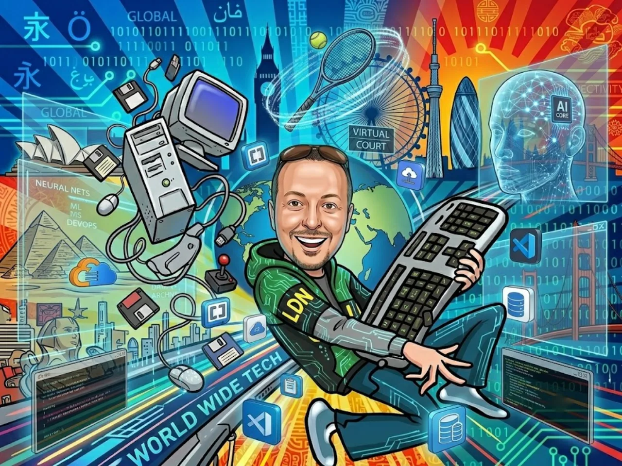Cartoon of Boris mid-leap hugging an oversized keyboard, trailing floppy disks and an old beige tower, with world landmarks and streams of binary behind him.